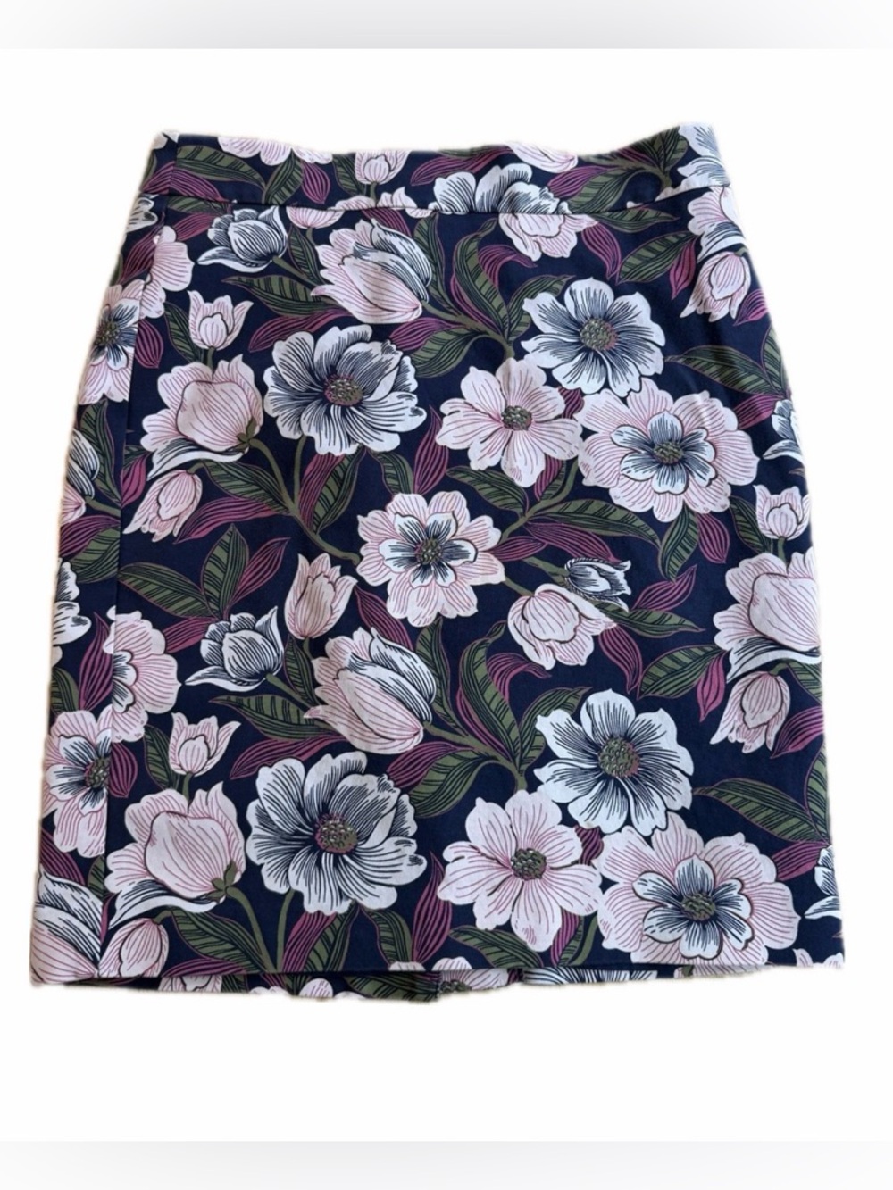 Ann Taylor Navy/Purple Pencil Skirt, Floral Print Knee-length Cut Size 8